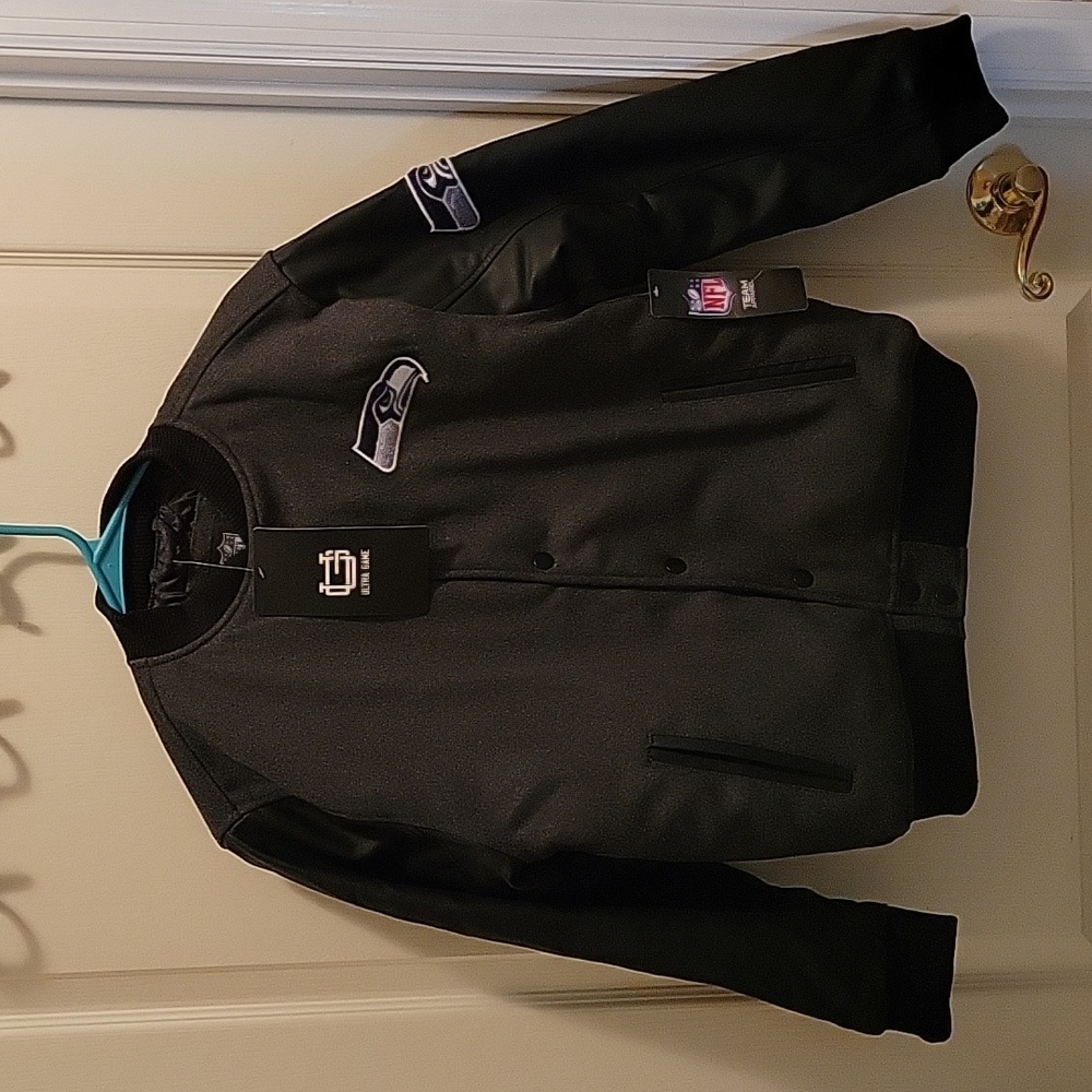 NFL Team Apparel Seattle Seahawks gray wool black trim varsity jacket XL…NEW